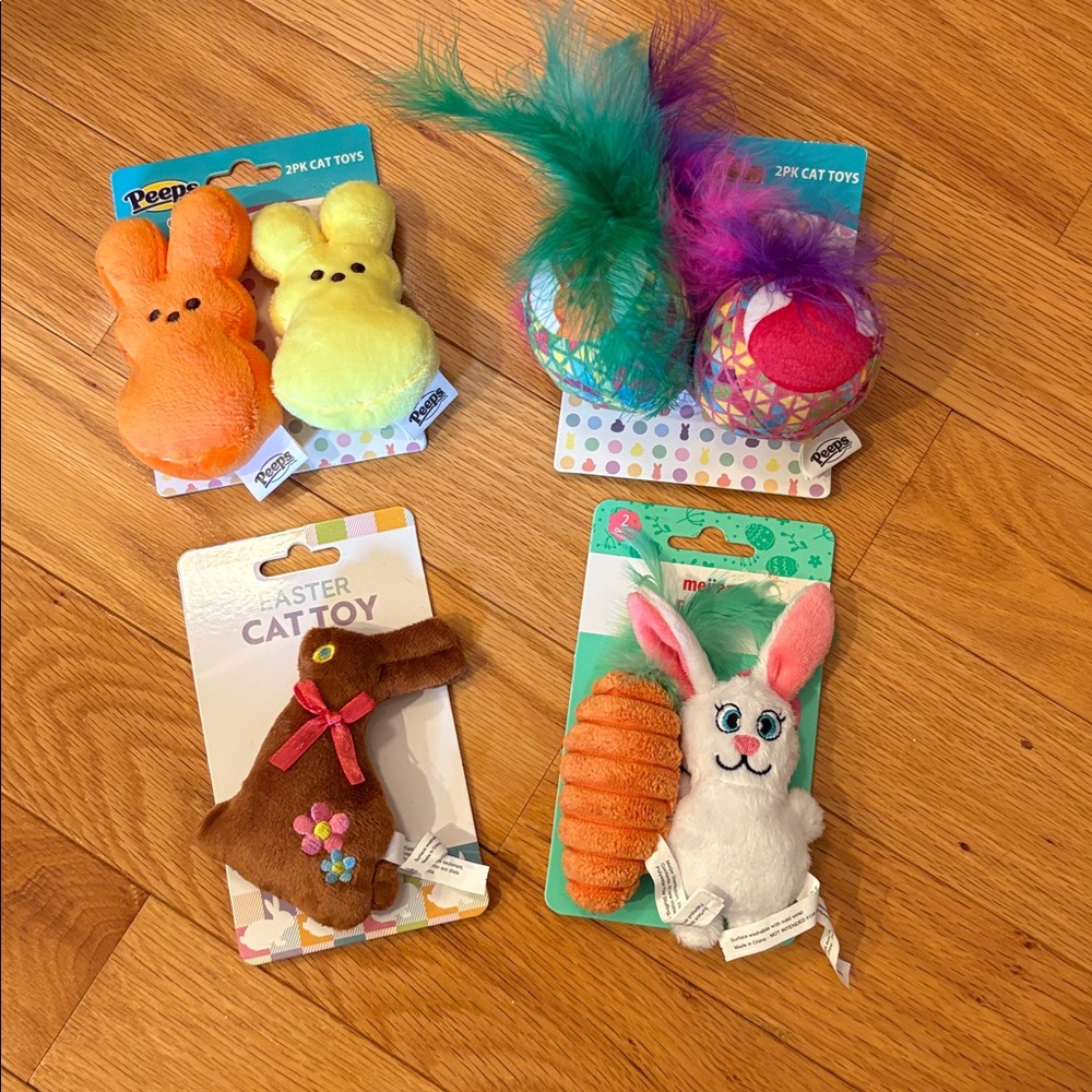 PEEPS Cat Toys Plush bunnies & Jingle Balls. Brown bunny & bunny w/carrot.